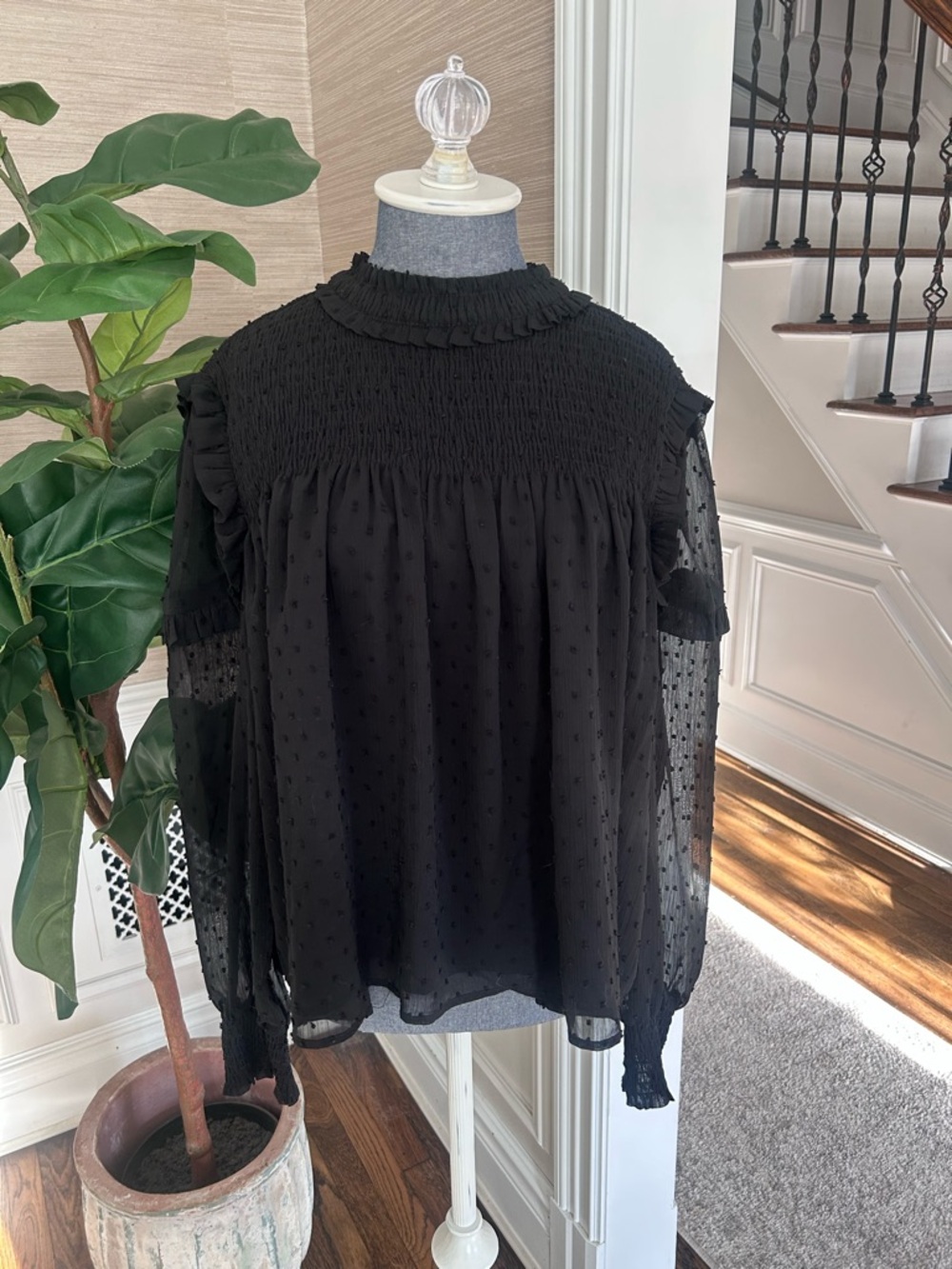 English Factory Black Smocked Swiss-Dot Chiffon Blouse